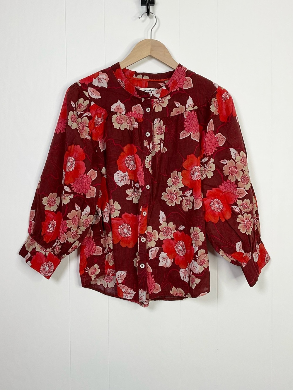 Anthropologie Porridge Red Floral Puff Sleeve Button Top Cotton Size Large